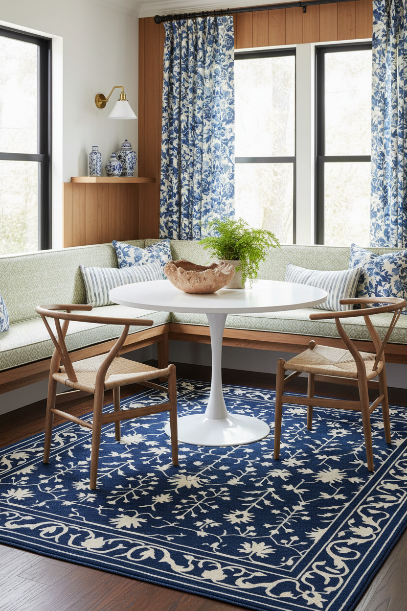 Dining room with a blue and white patterned rug, chairs, and a table.