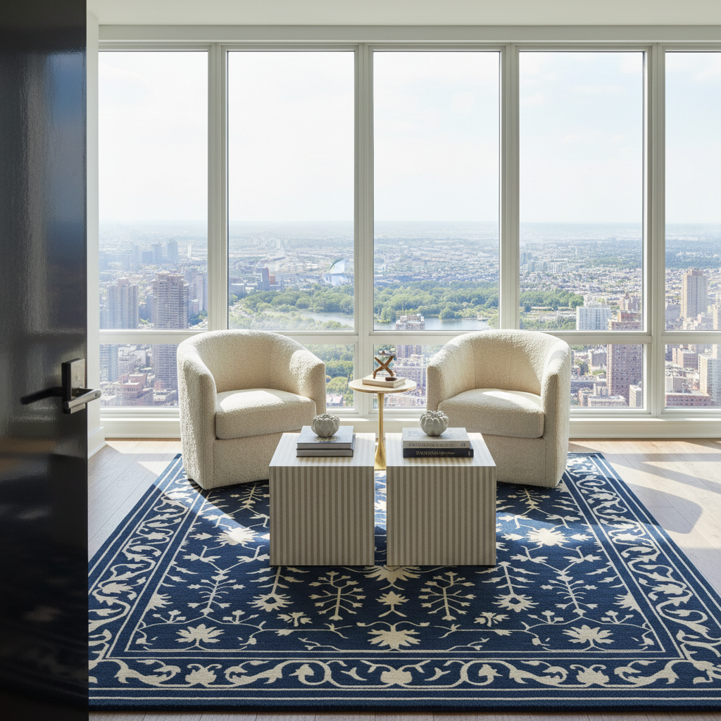 A luxury living room setup featuring two cream bouclé armchairs, a small round gold side table, and a large navy blue area rug with cream floral motifs, all set against a backdrop of floor-to-ceiling windows overlooking a city skyline.