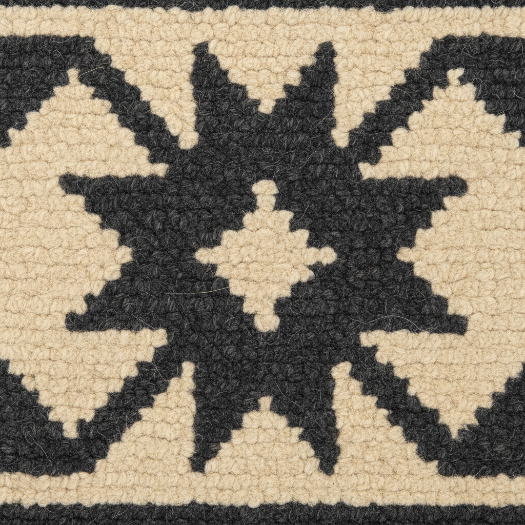 Close-up of a textured woven rug with a bold black geometric starburst pattern on a warm cream background.