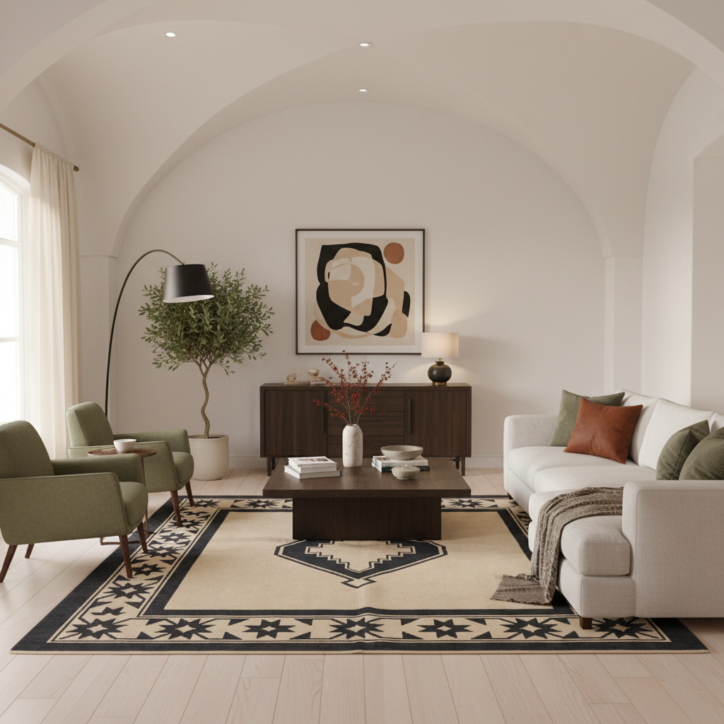 A styled living room interior with a large patterned area rug as the central product, surrounded by a white sofa, green armchairs, a dark wood coffee table, a sideboard, and a potted tree against an arched cream wall.