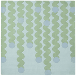 Pattern of wavy lines and circles on a light blue rug