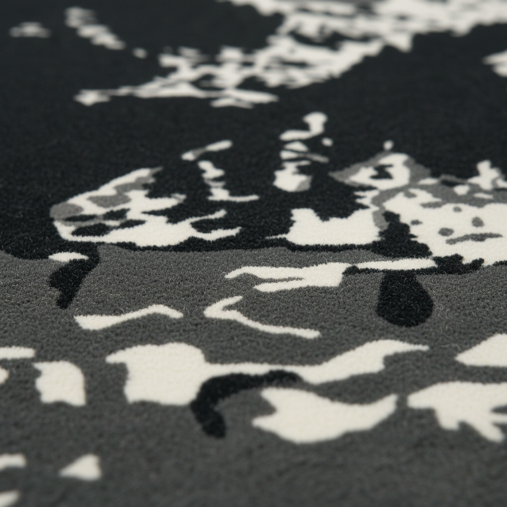 Close-up of a textured black and white abstract patterned surface, likely a rug or fabric, with a soft plush pile.