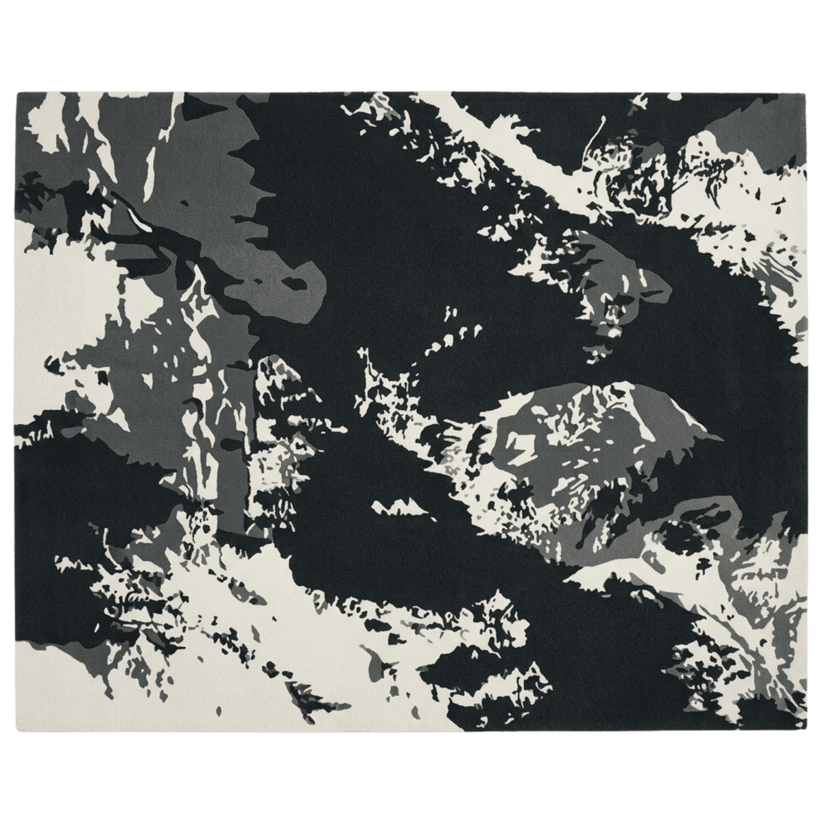 An abstract rectangular rug with a high-contrast black, gray, and off-white organic pattern, shown flat against a white background.