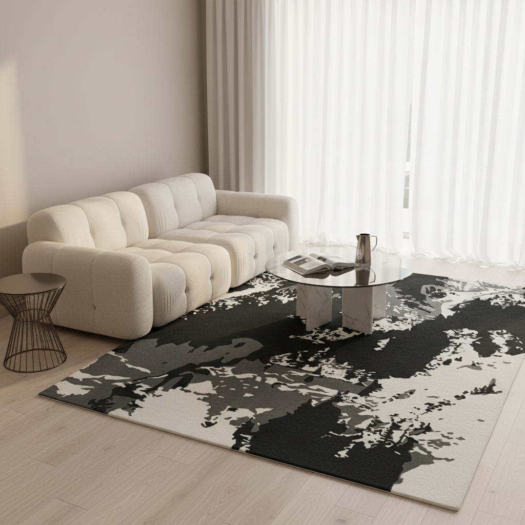 A modern living room scene featuring a large abstract area rug with a black, gray, and off-white pattern, styled under a cream tufted sofa and a glass-top coffee table.