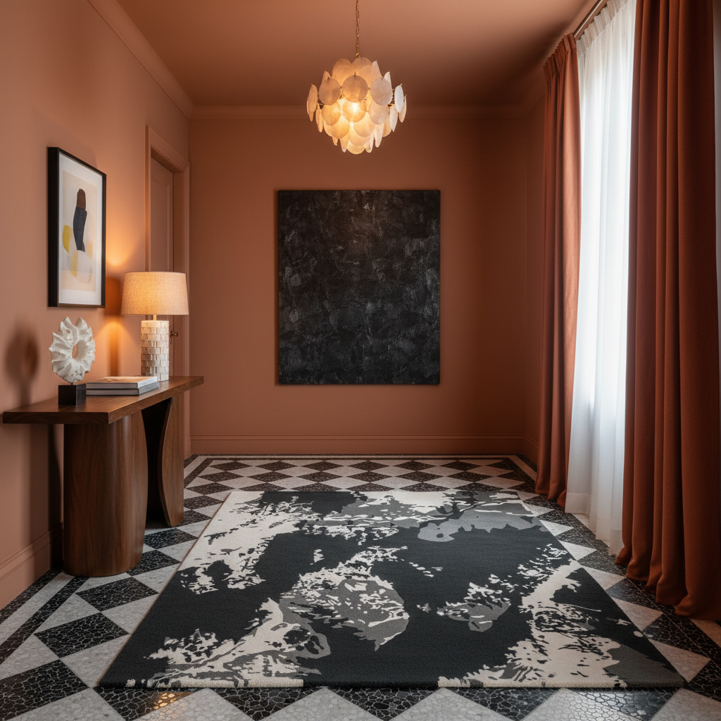A modern living room scene featuring a large black and white abstract patterned area rug on a black and white checkered floor. The room has terracotta-colored walls, a matching terracotta curtain, a white sheer curtain, a sculptural wooden console table, and a textured black wall art piece.