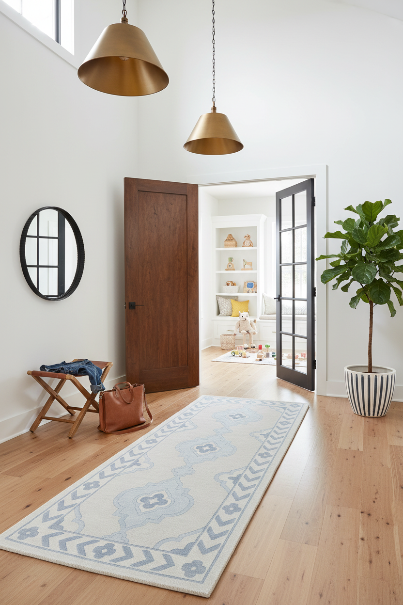 Modern interior with wooden floor, gray runner rug, and open door leading to another room.