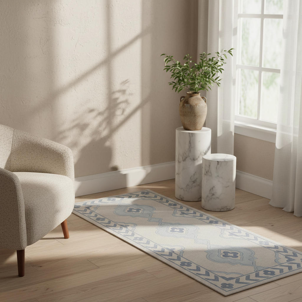 A rectangular area rug with a light blue and white geometric pattern is styled on a light wood floor in a bright room. The rug is flanked by a cream-colored armchair on the left and two white marble side tables with a potted plant on top, near a window with white sheer curtains.