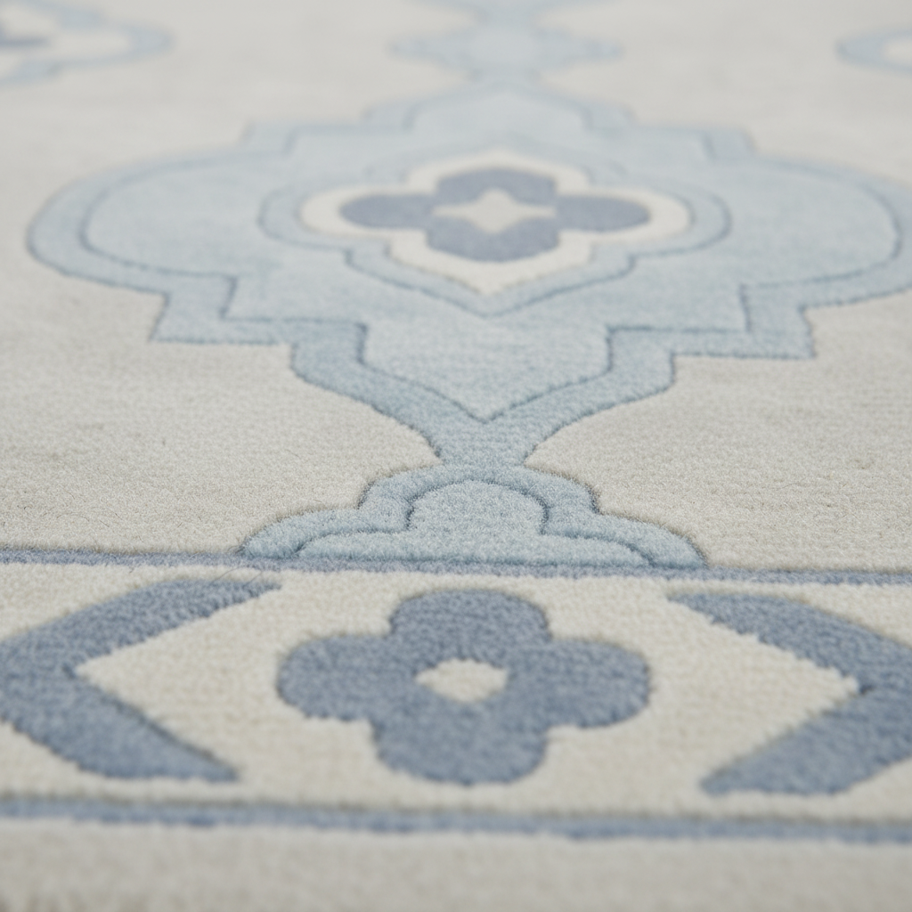 Close-up of a textured area rug with a light blue and off-white geometric medallion pattern.