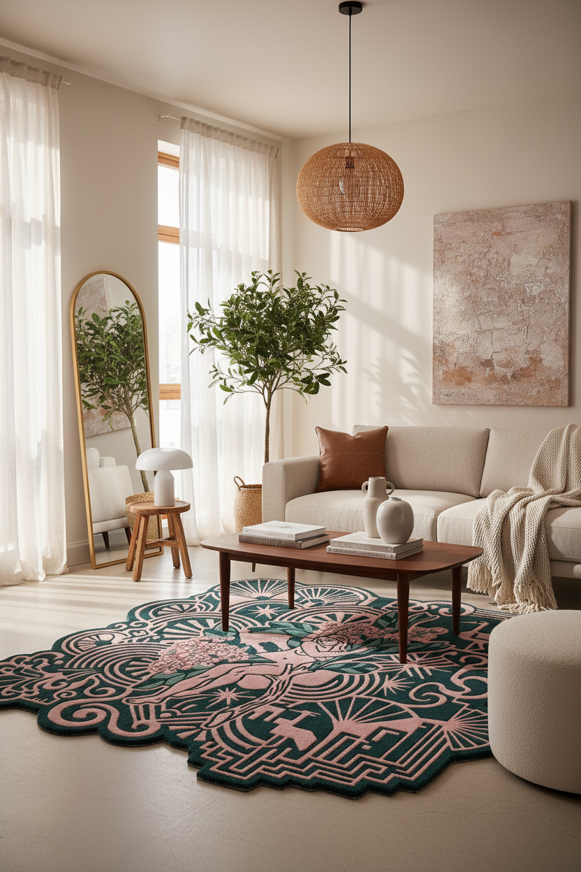 A styled living room featuring a large, ornate area rug with a teal and pink bohemian pattern. The room includes a beige sofa, a wooden coffee table, a woven pendant light, a full-length mirror, and a potted plant.