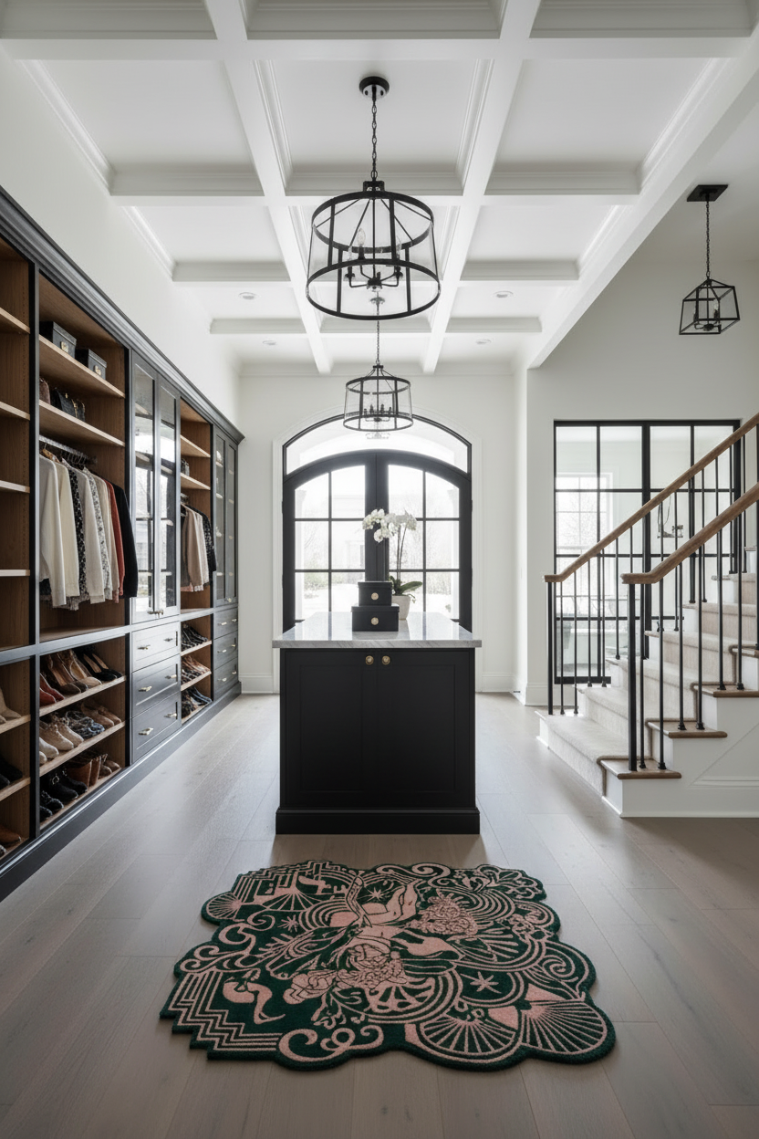 Modern interior with a green and pink rug on a light wood floor, bookshelves, and a staircase.