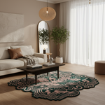 A styled living room featuring a distinctive scalloped area rug with a dark green and dusty pink bohemian pattern, placed under a black coffee table. The room includes a cream sofa, a tall floor mirror, a potted plant, and sheer white curtains.