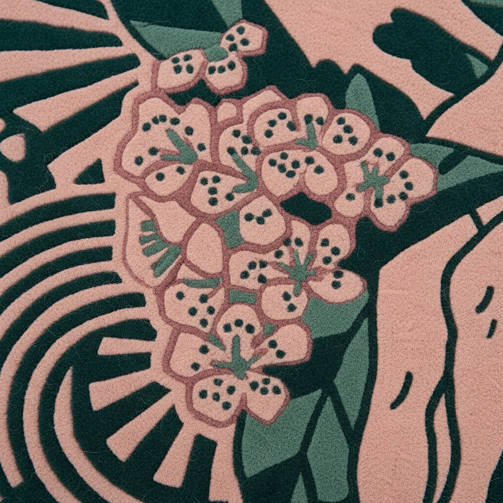 A close-up of a woven textile or rug pattern featuring a cluster of pink flowers with dark green centers and leaves on a dusty pink background.