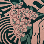 A close-up of a woven textile or rug pattern featuring a cluster of pink flowers with dark green centers and leaves on a dusty pink background.