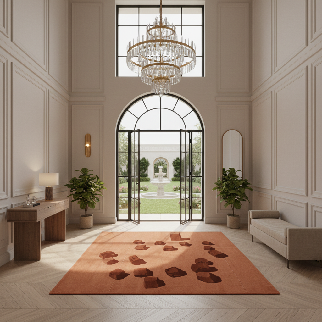 A large rectangular terracotta orange area rug with a pattern of small dark brown stones, displayed in a grand, elegant foyer with a chandelier, paneled walls, and a garden view.