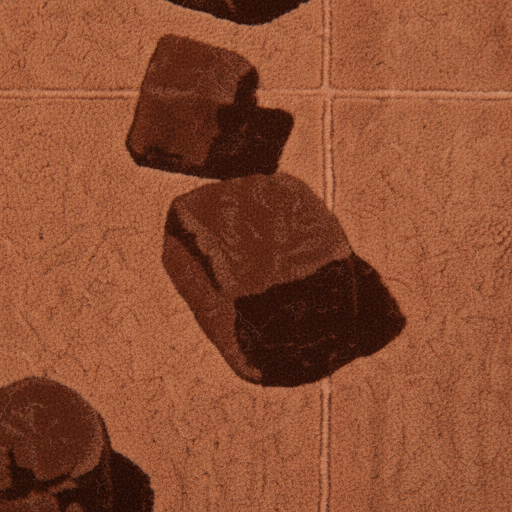 A close-up of a textured terracotta or rust-brown surface with dark brown stone-like shapes scattered on top, resembling a rug, mat, or textured print.
