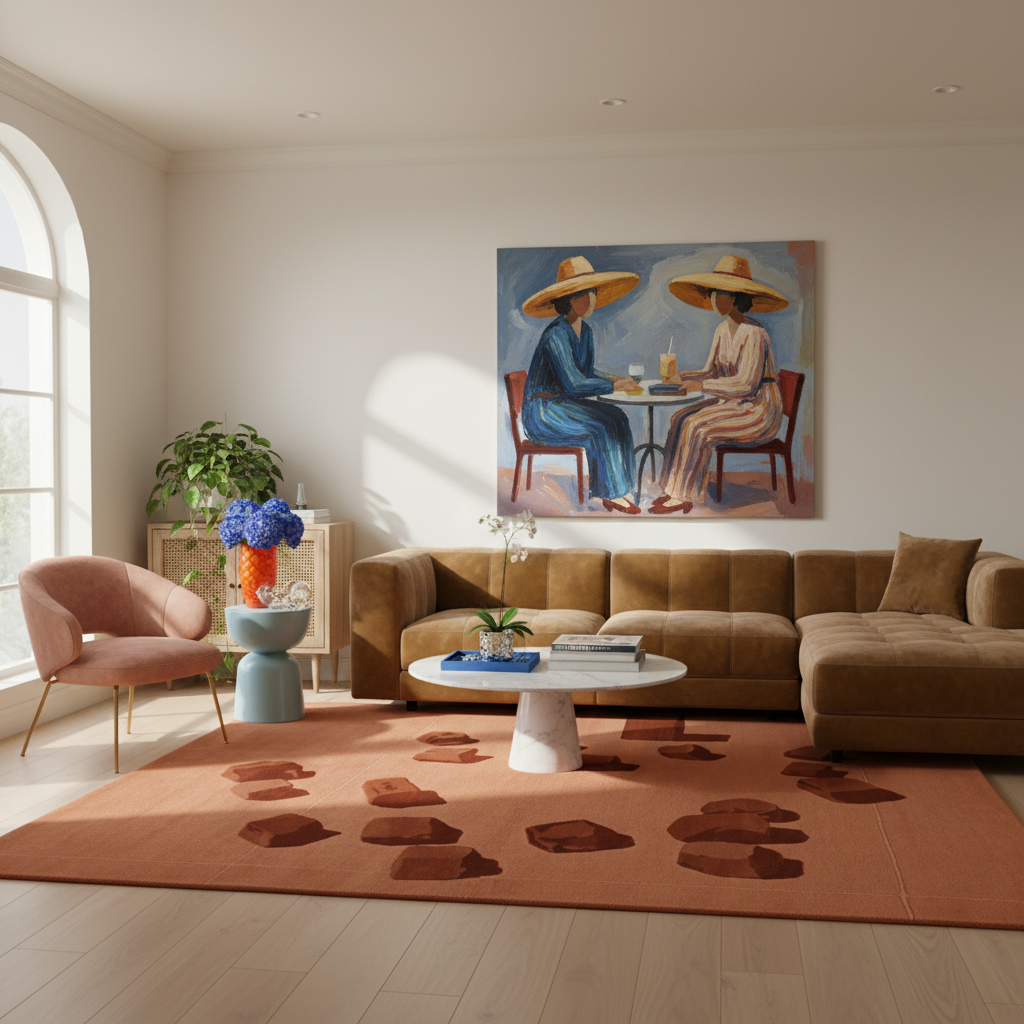 A styled living room featuring a large square canvas painting of two women in straw hats sitting at a table, hung above a brown sectional sofa. The room is decorated with a terracotta rug, a pink armchair, and a white coffee table.