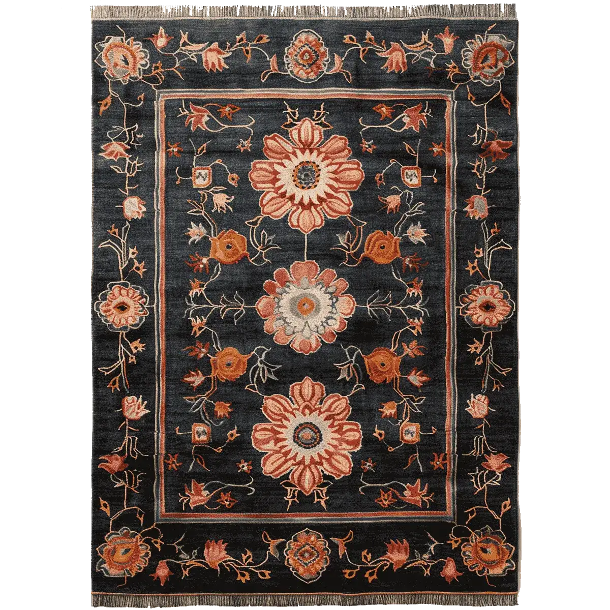 Obsidian Floral Frame Hand Knotted Rug