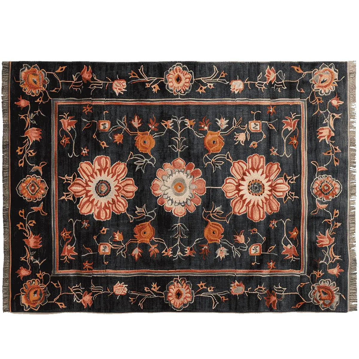 Obsidian Floral Frame Hand Knotted Rug