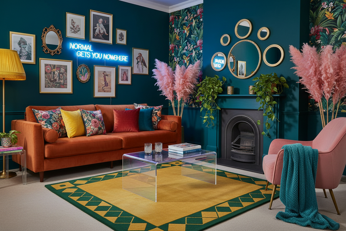 Modern living room with orange sofa, yellow rug, colorful decor, and a fireplace.