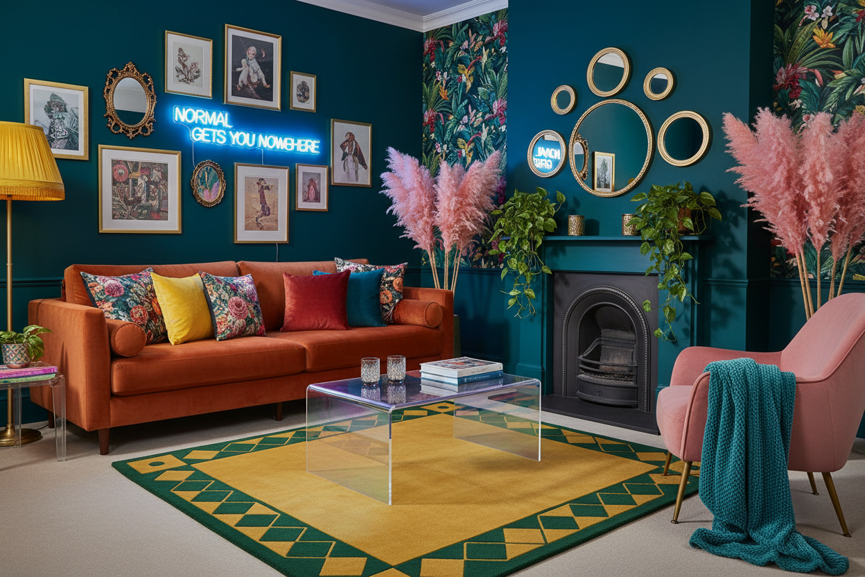 Modern living room with orange sofa, yellow rug, colorful decor, and a fireplace.