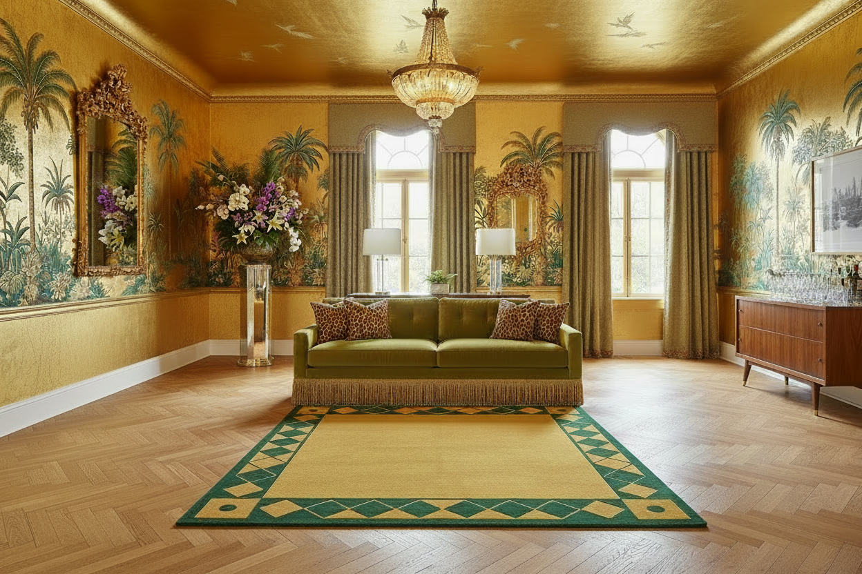 Luxurious living room with gold walls, a green sofa, yellow rug, and decorative elements.
