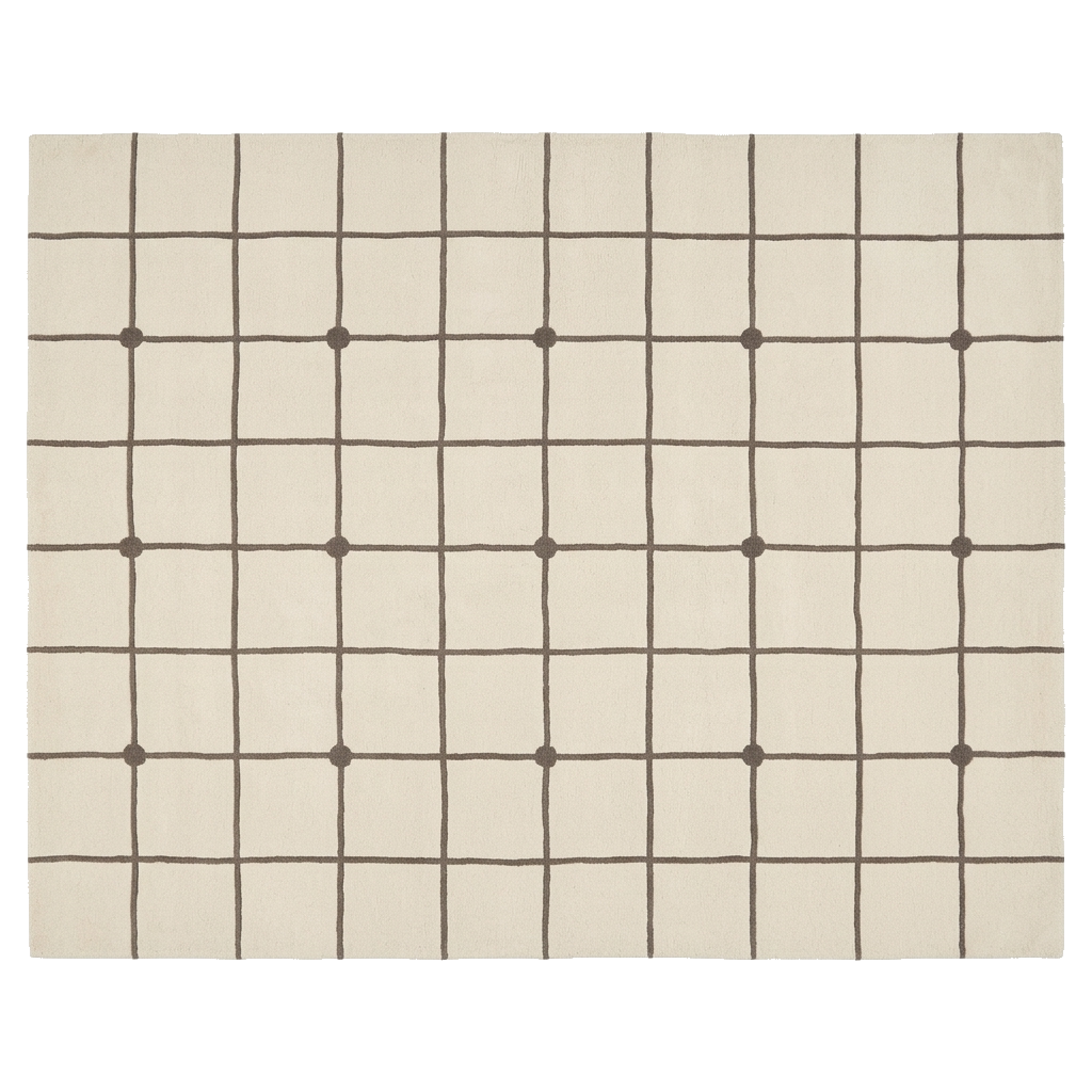 A square area rug with a cream base and a dark brown hand-drawn grid pattern with small dots at the intersections, shown flat against a white background.