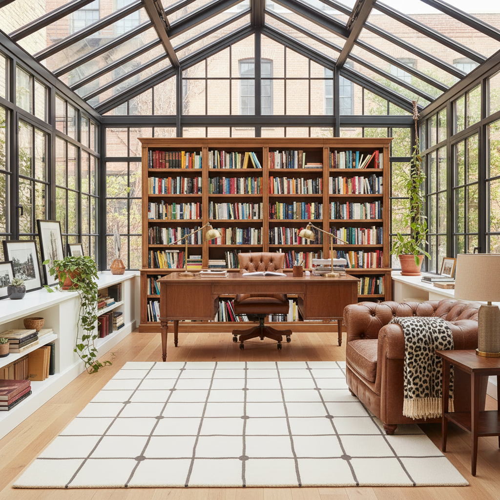 Spacious home office with large bookshelves, beige rug, desk, and armchair in a sunlit room.