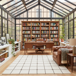 Spacious home office with large bookshelves, beige rug, desk, and armchair in a sunlit room.