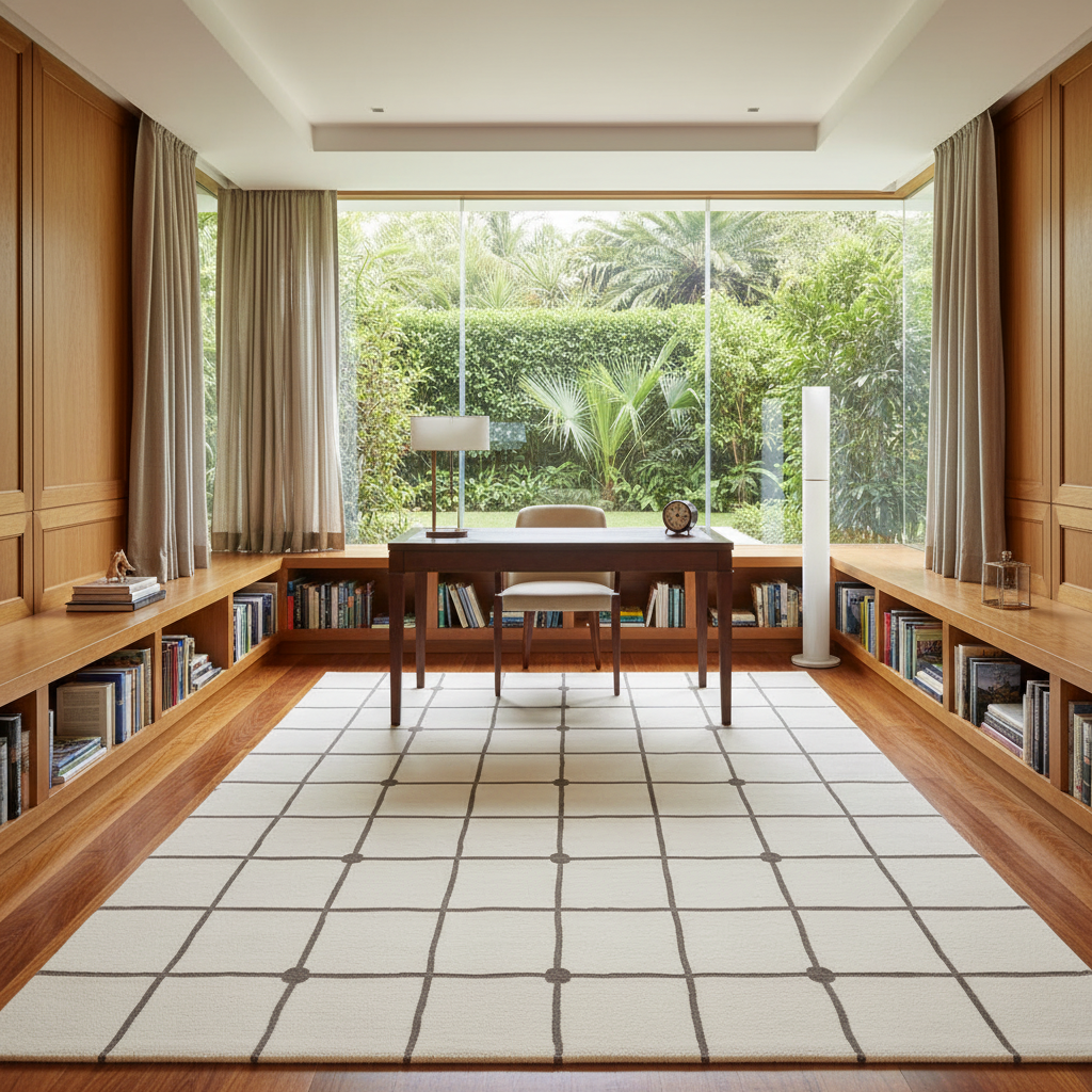 A modern interior room with a large cream rug featuring a dark grid pattern, a central wooden desk with a chair, built-in wooden bookshelves, and large windows looking out onto a lush green garden.