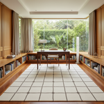 A modern interior room with a large cream rug featuring a dark grid pattern, a central wooden desk with a chair, built-in wooden bookshelves, and large windows looking out onto a lush green garden.