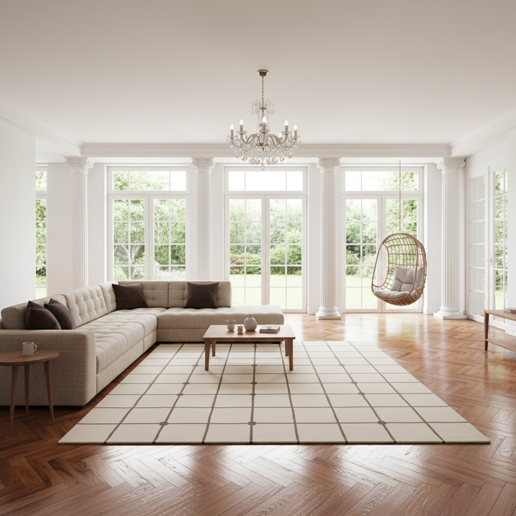 A bright, modern living room with a light beige sectional sofa, a wooden coffee table, a large cream checkered area rug, a hanging wicker chair, and a crystal chandelier over herringbone wood floors.