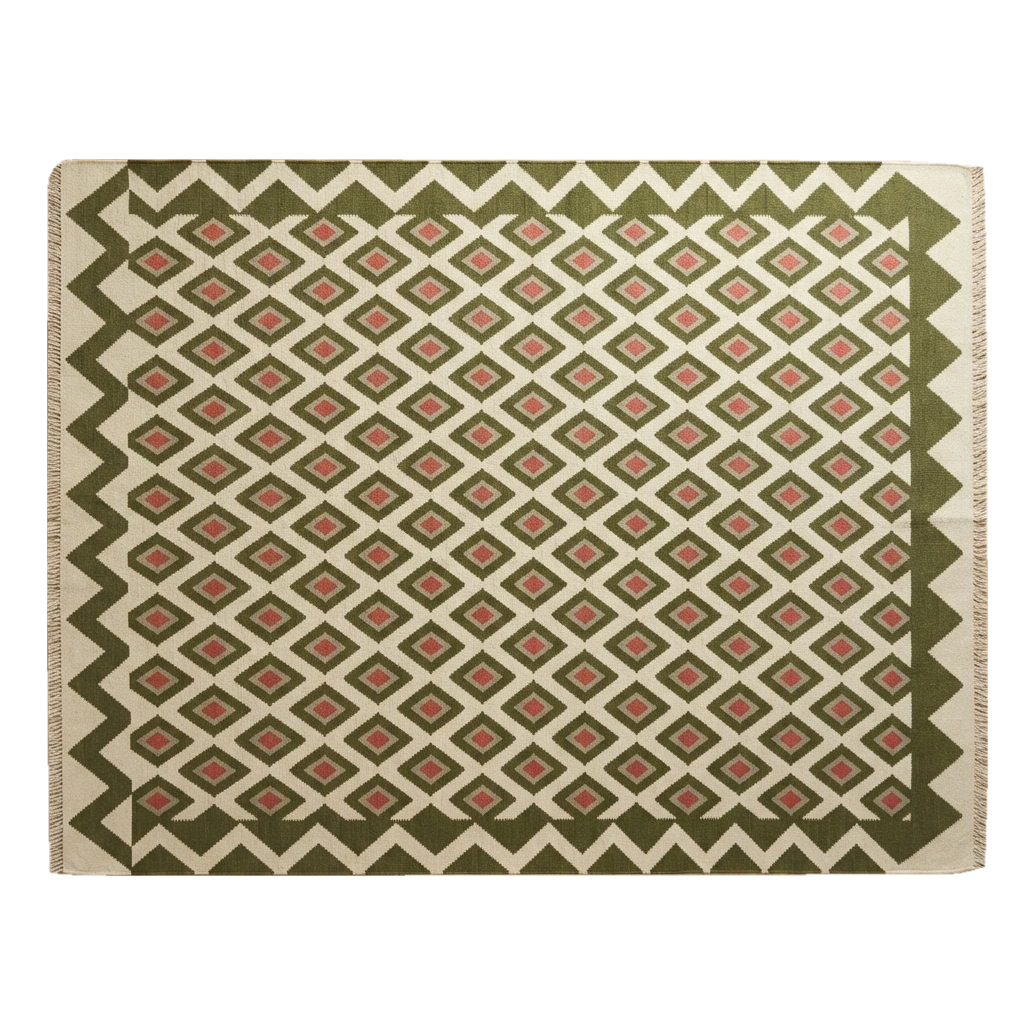 Olive Lattice Kilim Flatweave Cotton Dhurrie Rug - alternate view