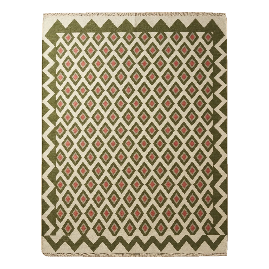 Olive Lattice Kilim Flatweave Cotton Dhurrie Rug