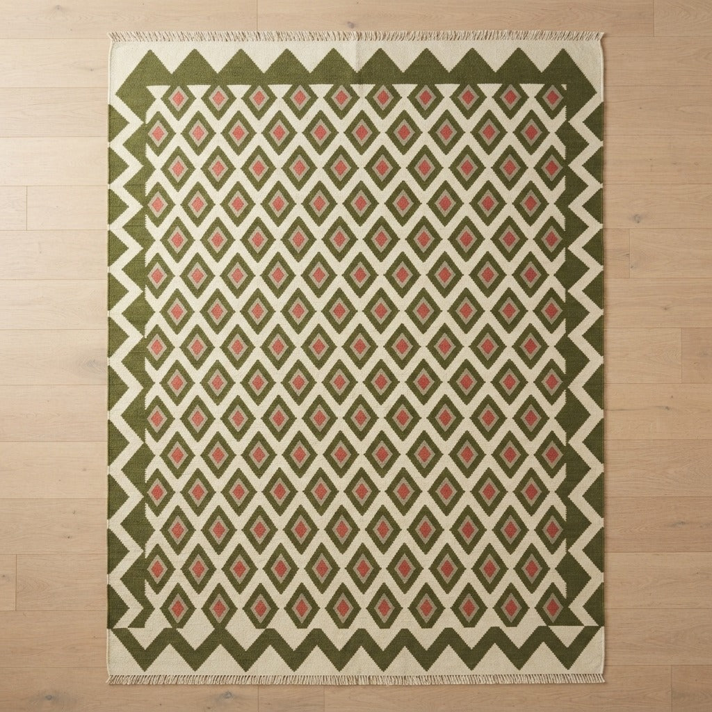 Olive Lattice Kilim Flatweave Cotton Dhurrie Rug - studio photo