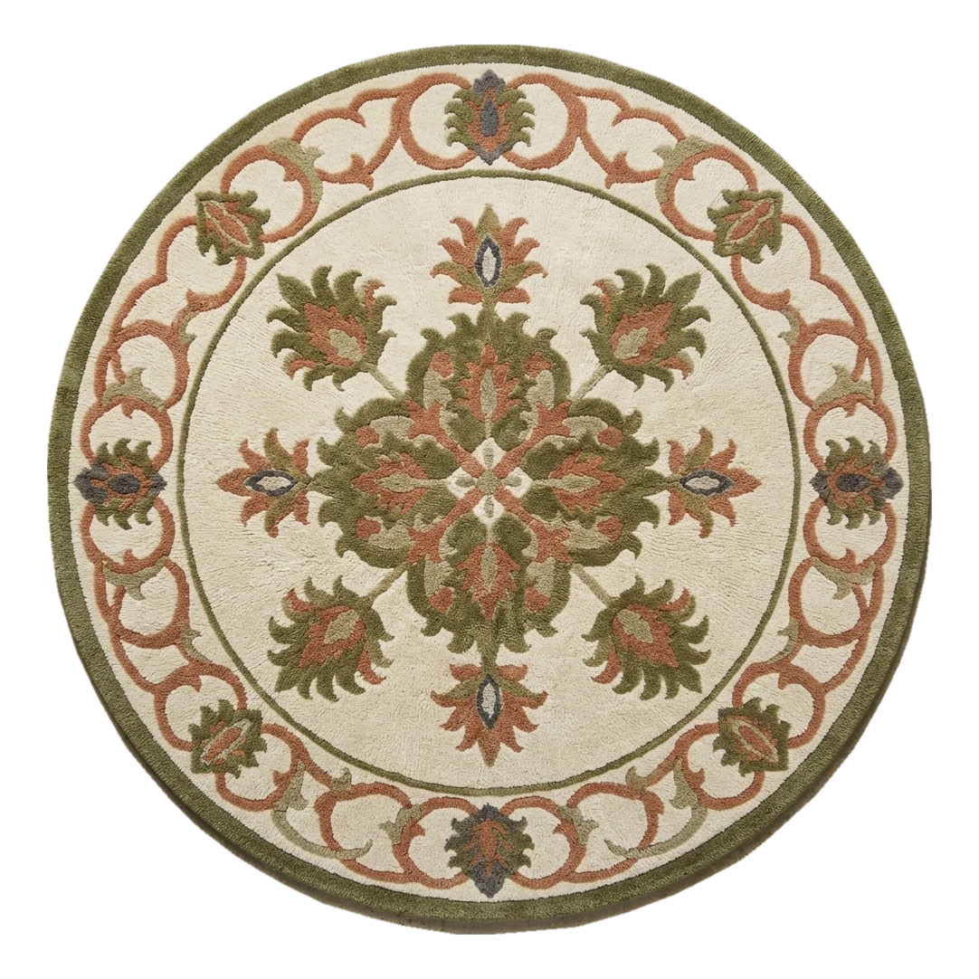 Olive Lotus Carousel Round Hand Tufted Wool Rug