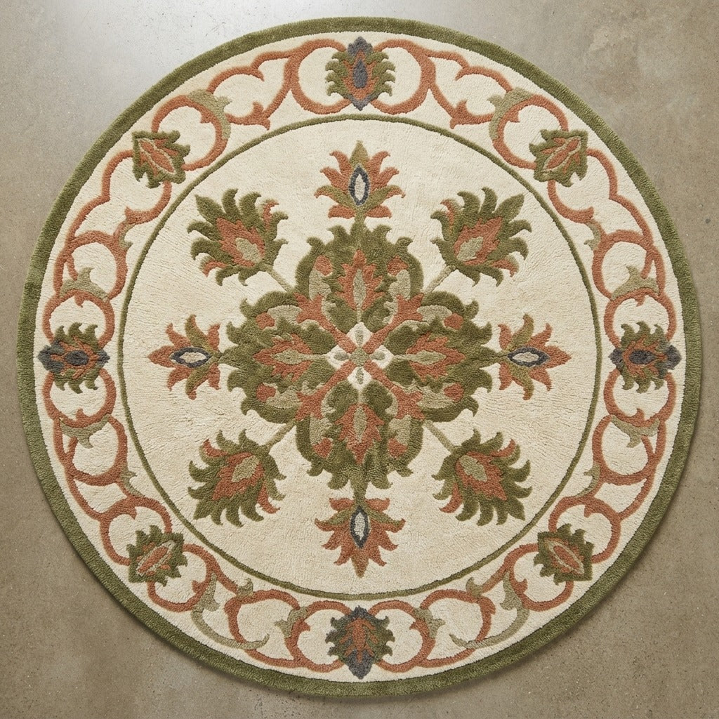 Olive Lotus Carousel Round Hand Tufted Wool Rug - studio photo
