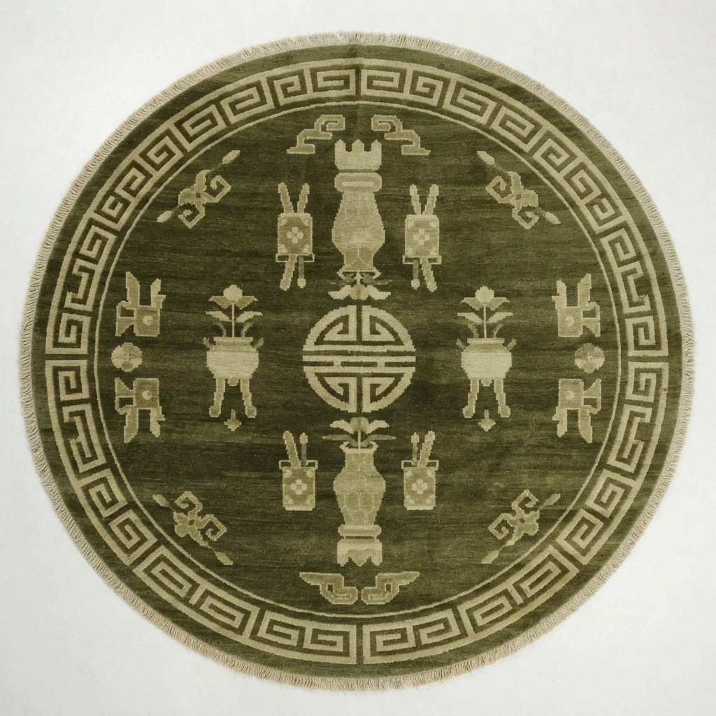 Olive Treasures Round Hand Knotted Rug - studio photo