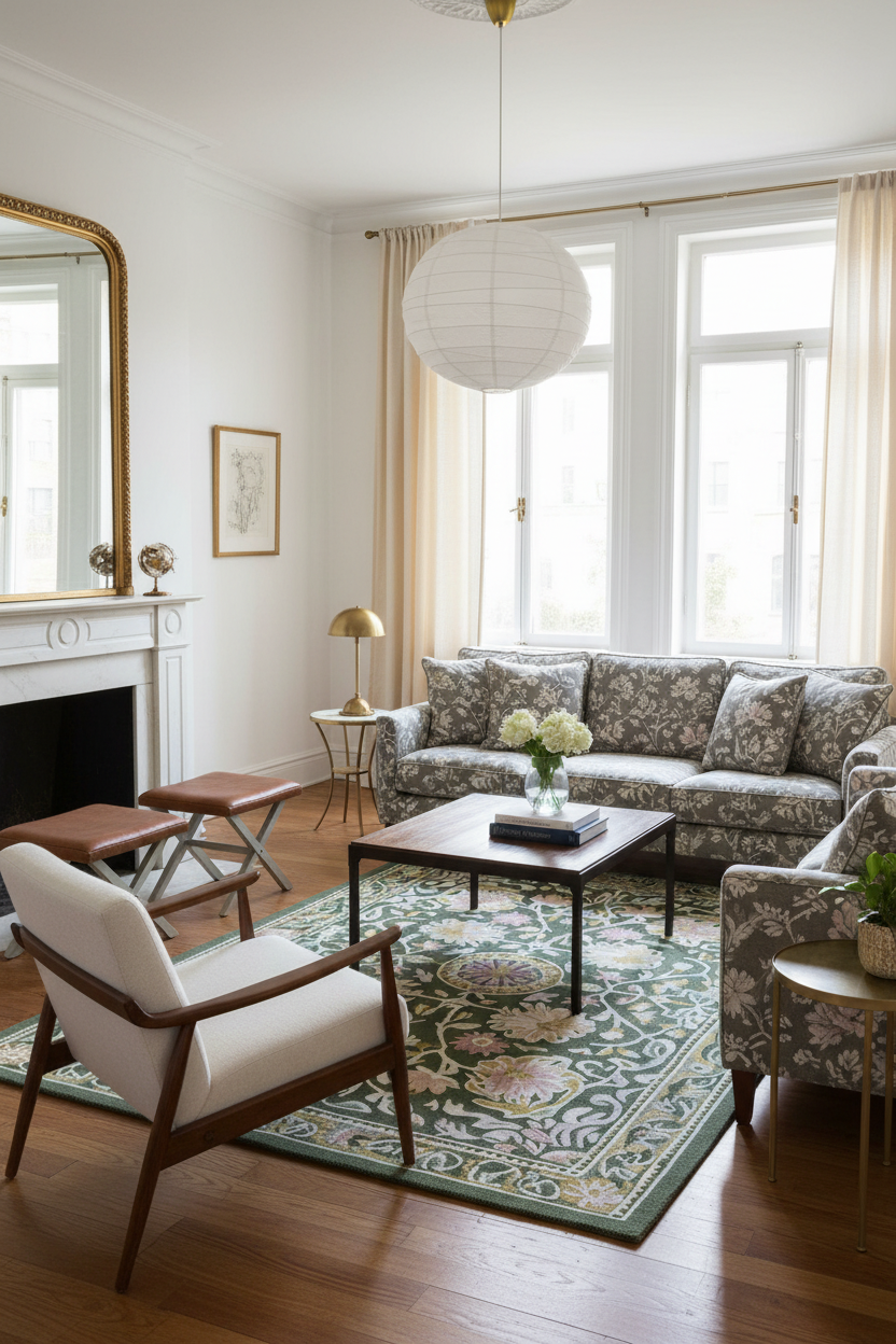 A styled living room interior featuring a floral-patterned sofa, matching armchair, mid-century modern chair, patterned area rug, wooden coffee table, and a white paper globe pendant light hanging from the ceiling.