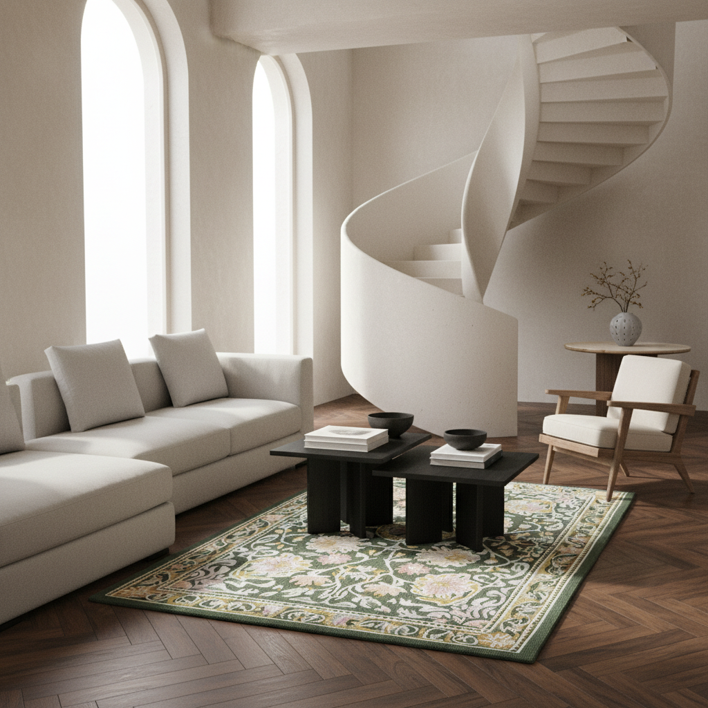 A styled interior scene with a cream sectional sofa, black coffee tables, a patterned green and beige area rug, a wooden chair, and a white spiral staircase in a bright modern room.