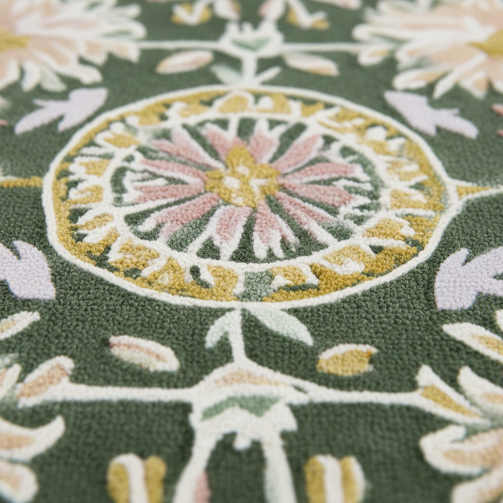 Close-up of a textured rug with a detailed floral medallion pattern in olive green, cream, pink, and mustard yellow.