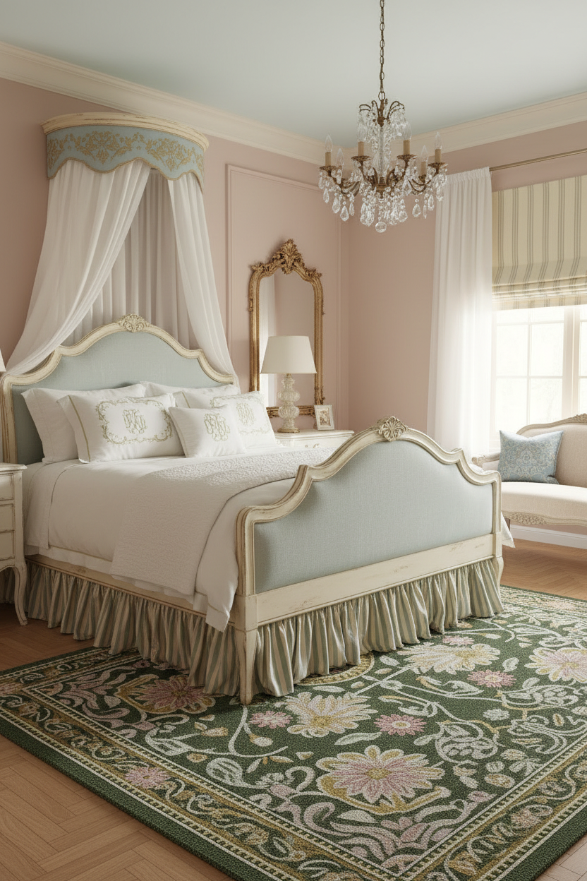 Luxurious bedroom with ornate bed, chandelier, and floral green rug.