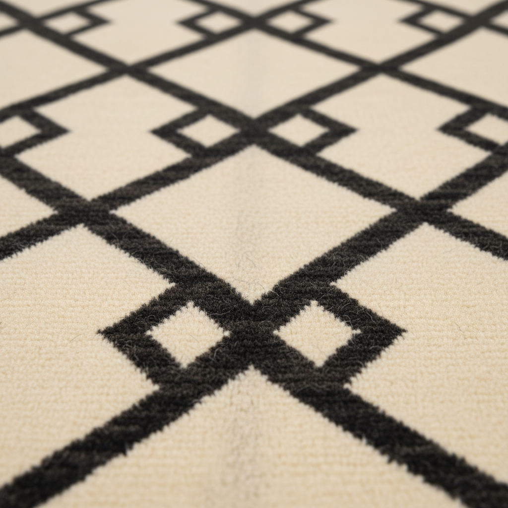 Close-up of a textured rug with a black geometric diamond lattice pattern on a warm cream background.