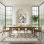 A modern dining room featuring a rectangular wooden dining table and six matching chairs with green cushions, arranged on a patterned rug. The room has tall black-framed windows, a white arched wall, and a botanical plant in the background.