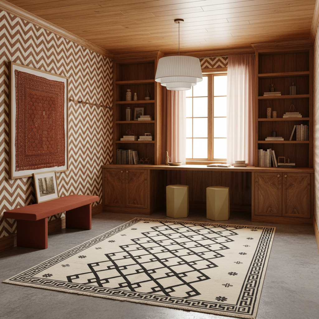 A styled interior room with wood cabinetry, a large cream rug with a black geometric lattice pattern, chevron wallpaper, a bench, and a window with sheer curtains.