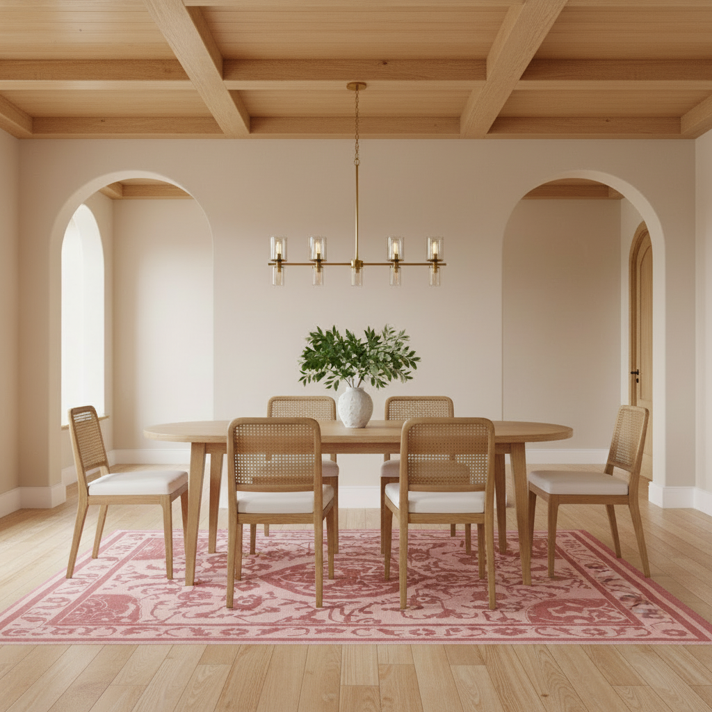 A dining room scene with a light wood oval table and six woven cane chairs with off-white seat cushions, arranged on a pink patterned area rug. A brass chandelier hangs above, and the room has warm wood ceiling beams, cream walls, and arched openings in the background.