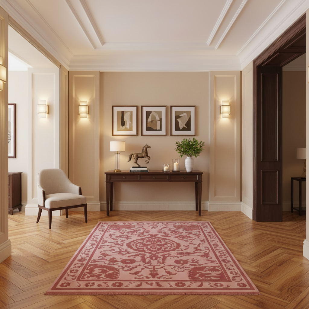 A styled interior entryway with a pink and beige patterned area rug on a herringbone wood floor, featuring a console table, wall sconces, framed art, and a cream armchair.