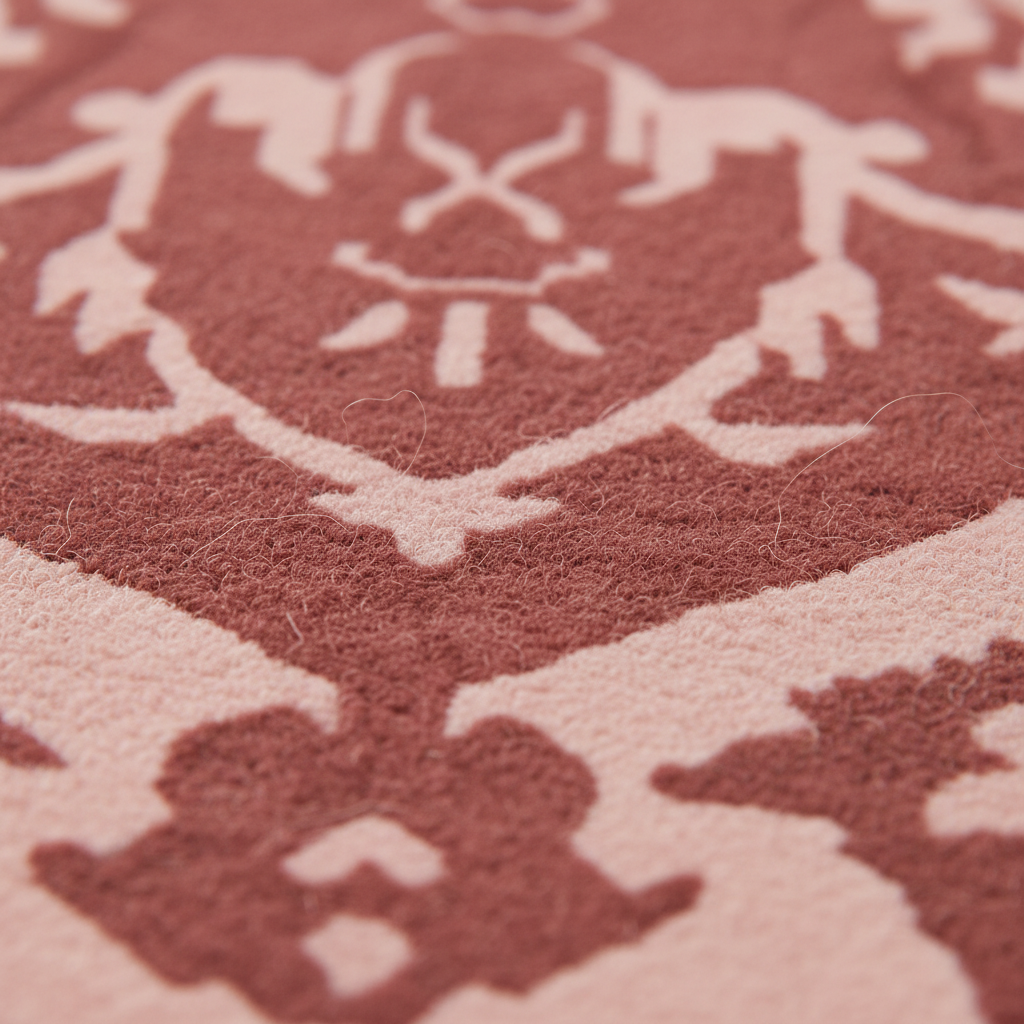 Close-up of a textured rug with a dusty rose and light pink ornate damask pattern.