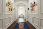 Elegant hallway with wainscoting, colorful abstract art, and a Opaline Silk Tiger Hand Knotted Rug