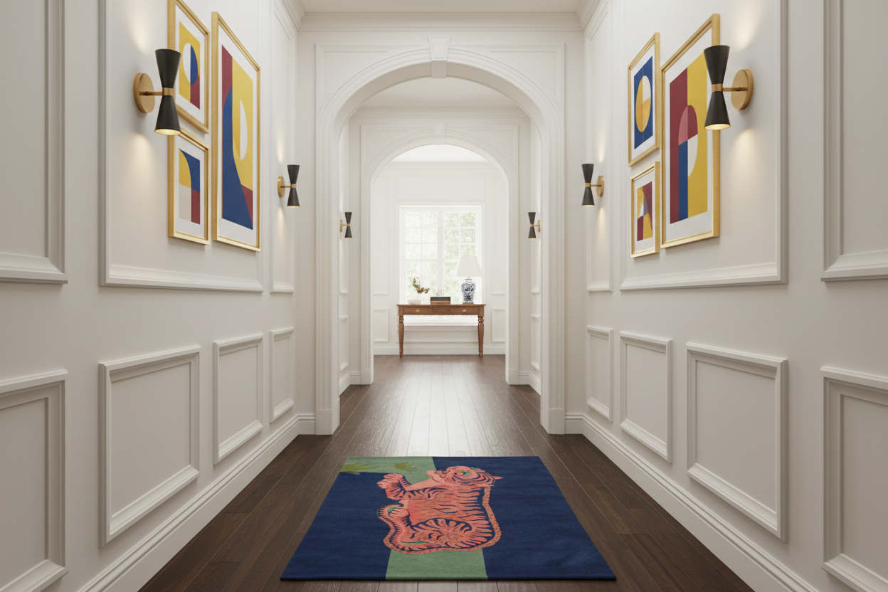 Elegant hallway with wainscoting, colorful abstract art, and a Opaline Silk Tiger Hand Knotted Rug