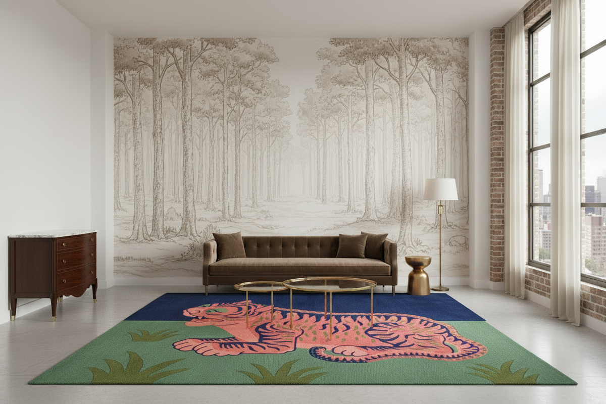 Living room with a tiger rug, sofa, and large wall mural.